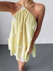 Firerie 女士雪纺优雅奶油黄露背吊带系腰短裙，女士约会之夜连衣裙，女士夏季连衣裙，女士蜜月旅行装，女士婚礼宾客连衣裙，浪漫海岛度假装，女士婚礼宾客连衣裙，女士吊带连衣裙，女士优雅派对连衣裙，女士生日连衣裙，节日连衣裙，荷叶边吊带连衣裙 - 淡黃色 - 查看 9