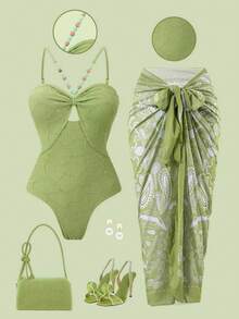 Swim Oasis 女士连体泳衣，两件套比基尼，夏季海滩度假质感面料高端套装，带裙子，显瘦 - 綠色 - 查看 2