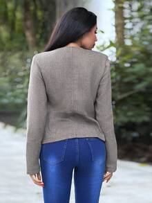 Durrani Popal 女士优雅精致休闲日常通勤新款街头时尚都市时尚斜襟金属纽扣腰部收紧长袖双面羊毛大衣，秋冬 - 卡其色 - 查看 2