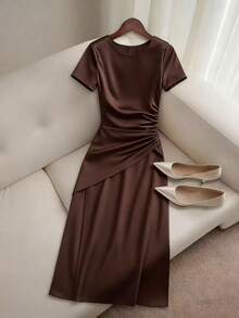 Franclia Satin Ruched Waist Wrap Short Sleeve Dress, Brown - Brown - View 1