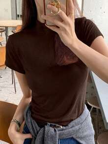 DAZY Women's Mock Neck Fitted Short Sleeve Base Layer T-Shirt Summer - Brown - View 2