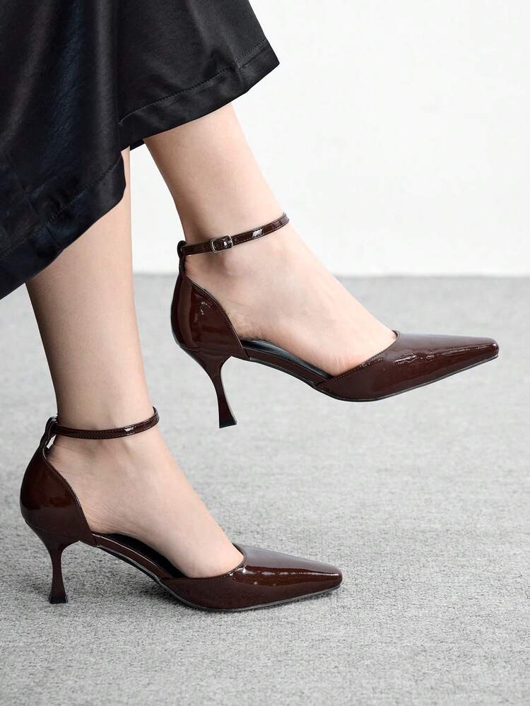 CUCCOO BIZCHIC Women's Pointed Toe Stiletto Heels, PU Leather, Fashionable Minimalist Design, Comfortable For Daily, Party, And Banquet Wear, Buckle Strap Hollow-Out Pumps Valentine's Day