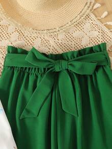 SHEIN 少女衬衫套装，白色绿色，花朵印花飞袖荷叶边上衣和纸袋腰裤两件套，休闲旅行、假日、度假 - 綠色 - 查看 4