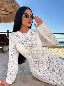 Women's Summer Beach Lace Cut Out Cover-Up Dress - Apricot - View 6