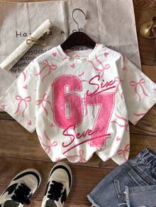 Áo thun nữ tuổi teen phong cách tối giản, in số 67 và nơ hồng, kiểu dáng ngọt ngào như giày ba lê, màu kem hồng, tay ngắn, cổ tròn, thích hợp cho mùa hè, áo thun in hình, áo đen, áo thun cổ tròn tay ngắn in hình phong cách thường ngày cho nữ tuổi teen, áo thun cho nữ tuổi teen, phong cách Y2K, áo kiểu, áo đen, quần áo Y2K, phong cách mới mùa thu, không khí nghỉ dưỡng, thoải mái, ngày lễ tình nhân, màu hồng, áo đi nghỉ mát, áo đính sequin, áo lấp lánh, áo lấp lánh, kỳ nghỉ - Nhiều màu - Xem 2