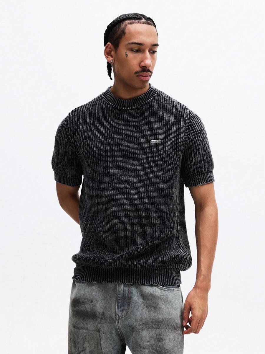 SUMWON Suéter de cuello redondo de manga corta de punto con efecto lavado y ajuste boxy para hombre - Negro - Ver 1
