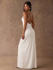 SHEIN BAE Đầm nữ màu trơn đính đá lấp lánh, kiểu dáng thanh lịch, ôm sát người. - Màu be - Xem 2