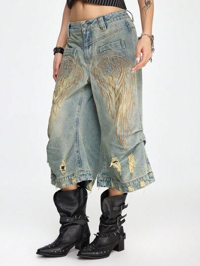 Grunge Punk Pantaloncini di jeans da donna con vita bassa, effetto vissuto, con ricamo di ali d'angelo in stile vintage Y2K e arricciature sexy