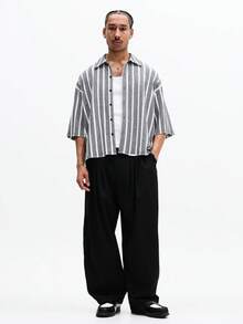 SUMWON Oversized Button Down Shirt With Vertical Stripes Short Sleeve Casual Collared Top Summer Relaxed Fit Woven Fabric Vacation - Black and White - View 3