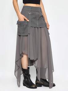 ROMWE Grunge Punk Váy ngắn denim chiffon phối họa tiết đinh tán kim loại màu xanh hải quân kiểu punk, vạt bất đối xứng. - Xám - Xem 8