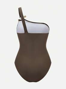 Swim Oasis Women's Elegant One-Piece Swimsuit With Metal Buckle, Brown Textured Fabric, Green Buttons, Suitable For Beach, Resort, Party - Brown - View 13