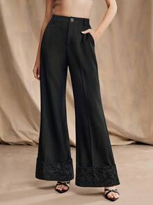 Anewsta Pantalones casuales de pierna ancha con diseño de patchwork de encaje negro para mujer, pantalones rectos adelgazantes, primavera/verano - Negro - Ver 7