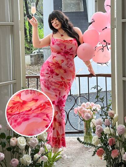CovetEZ Plus Size Valentine's Day Elegant Tie-Dye Print Fitted Dress, Suitable For Spring And Autumn Maxi Floral Dress Pink Flower Dress Long Floral Dress Flower Dress Plus Size Plus Size Flower Dress