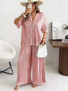 Ceyna 大码针织翻领短袖褶皱腰直筒裤两件套 - 粉色 - 查看 6