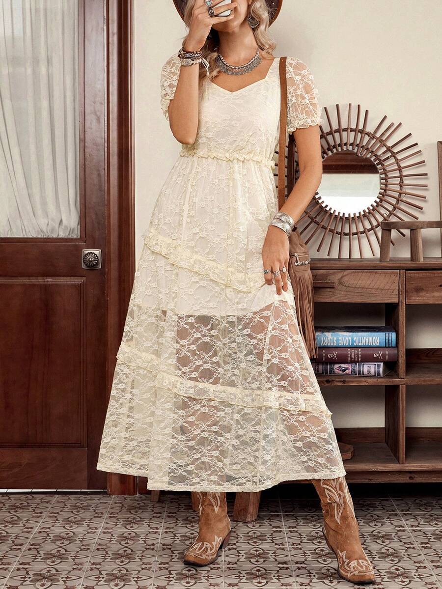 LanaWest Women's Casual Apricot Lace Sweetheart Collar Short Sleeve Waist Splicing Ruffle Hem Dress, Spring/Summer - Apricot - View 1