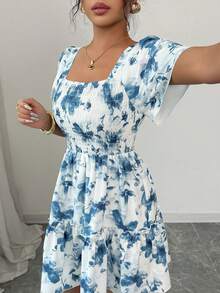 Rafferiza 女士优雅印花荷叶边修身迷你连衣裙 - 藍色 - 查看 6