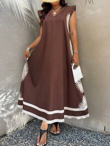 SHEIN LUNE 棕色大码波西米亚风印花长裙，荷叶袖A字版型，适合度假和日常休闲穿着，女士春夏连衣裙 - 咖啡棕 - 查看 3