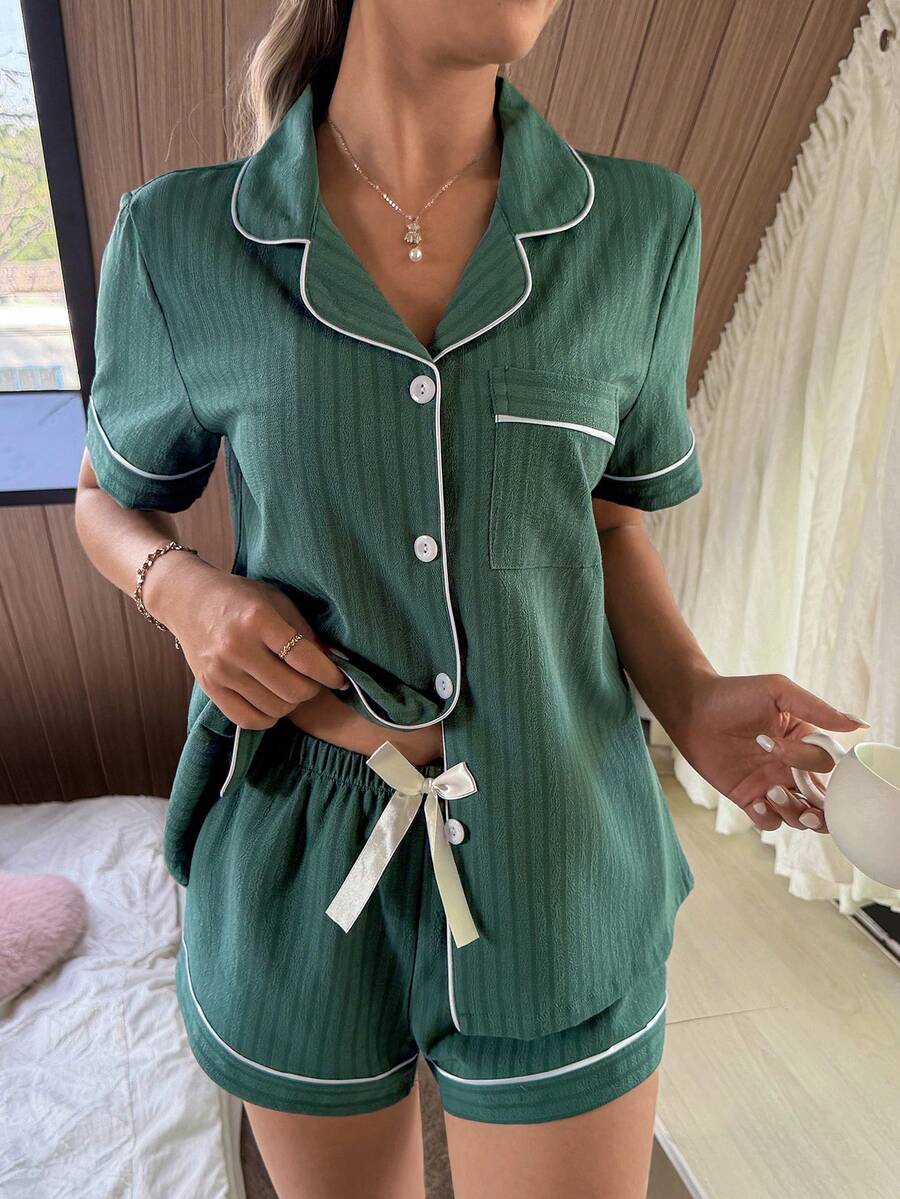 SHEIN Contrast Trim Bow Decor Lapel Cardigan Short Sleeve & Shorts Women Pajama Set - Army Green - View 1