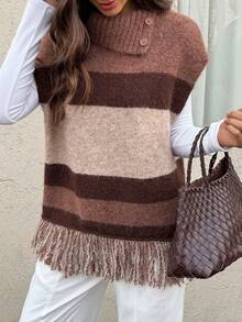 Vivie Lora 女士时尚条纹流苏毛衣，秋冬款 - 卡其色 - 查看 5