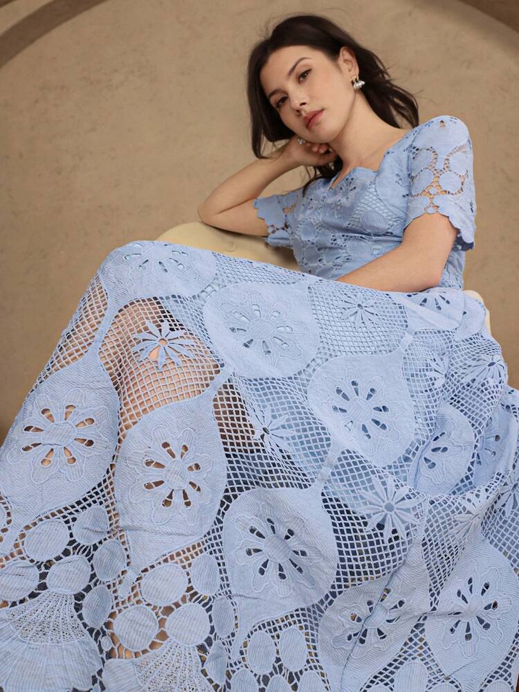 Women's Elegant Solid Color Lace Square Collar Long Dress, Summer Wedding Guest Dress Sundress