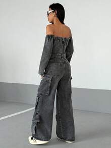 Jeanoix Women's Off-Shoulder Long Sleeve Single-Breasted Multi-Pocket Wide-Leg Denim Jumpsuit - Black - View 2