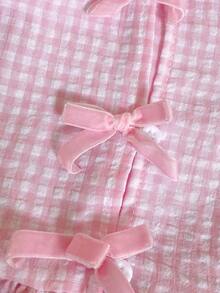 SHEIN Baby Girl Cute Versatile Summer Pink Plaid Bow Tie Short Sleeve Top - Pink - View 5