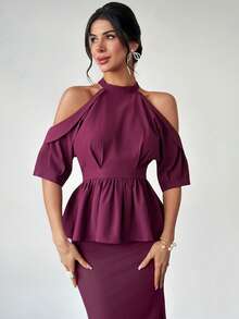 Firerie Elegant, Refined, Dignified, Romantic, Fashion, Commute, Urban, Modern, Vacation, Date, Party, Music Festival, Birthday Gathering, Halter Neck, Cold Shoulder, Draped, Cinched Waist, X-Shaped, Eggplant Purple Blouse - Red Violet - View 1