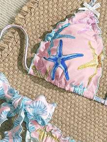 Swim Mod 两件套女士比基尼套装，罗纹海星装饰挂脖三角泳衣，休闲海滩度假 - 彩色 - 查看 4