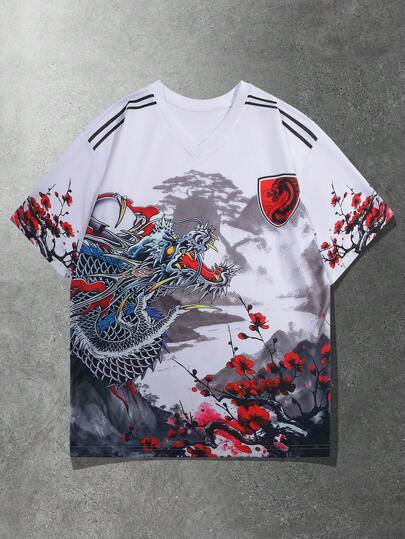 ROMWE MEN Street Life Men's Chinese Style Landscape & Dragon Print V-Neck Short Sleeve T-Shirt