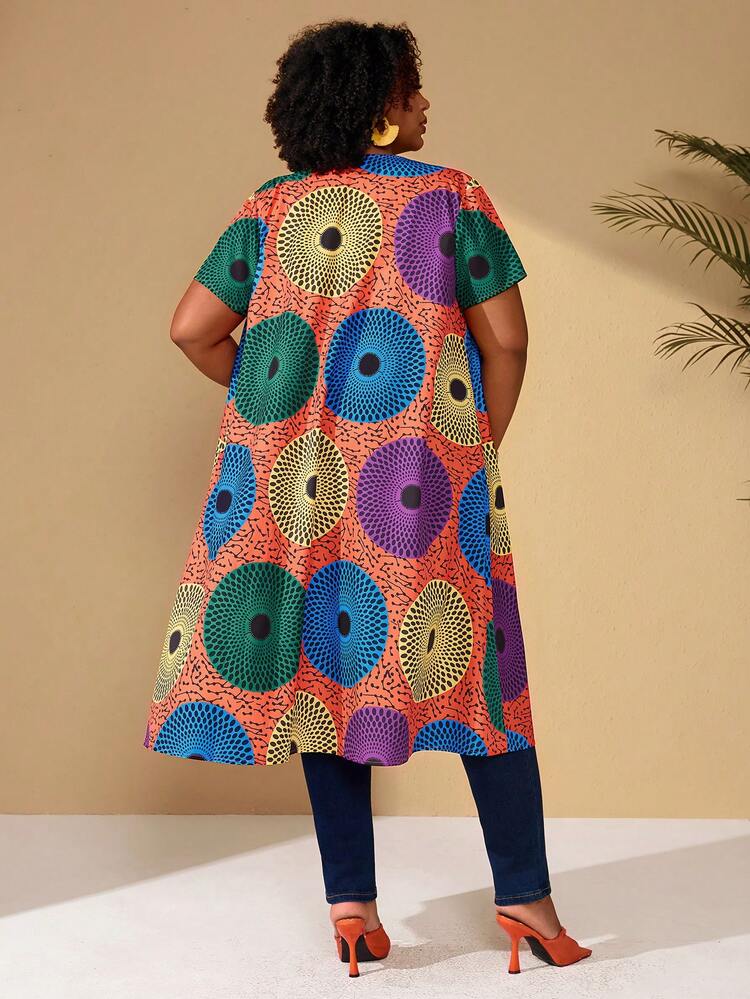 Plus Size Women Geometric Print Short Sleeve Single-Breasted Long Coat For Summer/ Vacation Spring Beach Vacation Bohemian