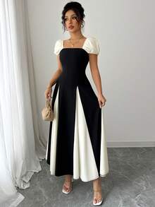 SHEIN PETITE Đầm dài ôm eo phối màu thanh lịch dành cho nữ, thích hợp mặc đi làm mùa hè. - Màu be - Xem 5