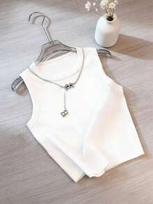 GlowEve 女士纯色圆领罗纹休闲背心 - 白色 - 查看 3