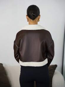 SAYEHFBABY Women's Zipper Closure Faux Fur Collar PU Leather Jacket, Long Sleeve, Autumn/Winter,Fall,Brown Jacket Casual - Coffee Brown - View 2