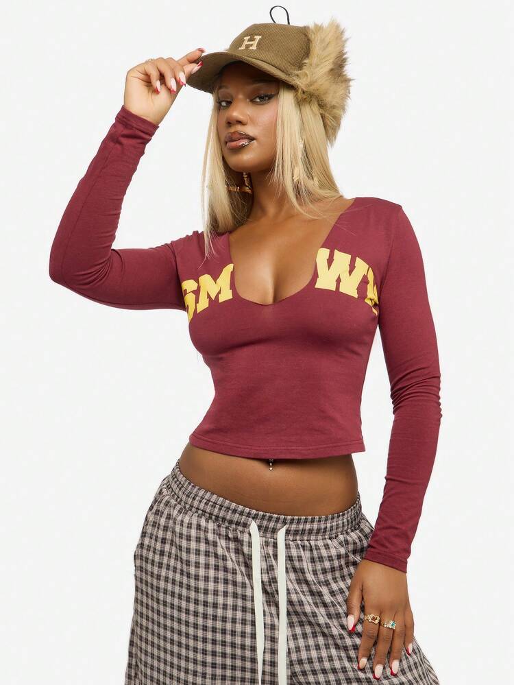 Long Sleeve V Neck Top With Letter Print