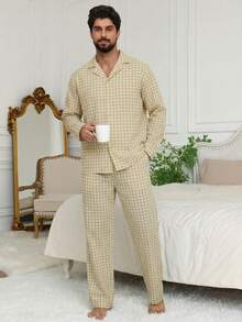 DAZY Plaid Beige Long Sleeve Shirt And Pants Pajama Set For Men, Spring/Autumn - Beige - View 3