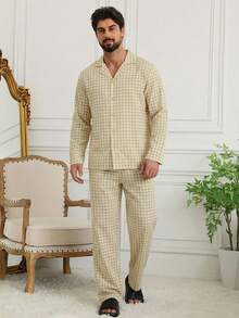 DAZY Plaid Beige Long Sleeve Shirt And Pants Pajama Set For Men, Spring/Autumn - Beige - View 4