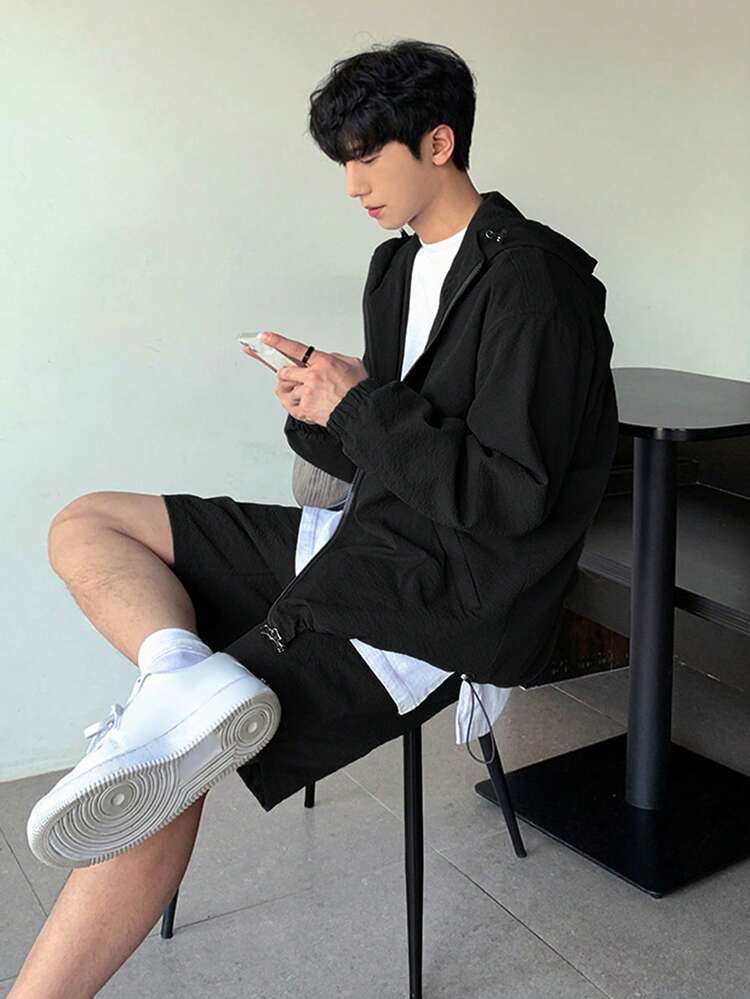 Solid Dark Grey Long Sleeve Jacket Paired With Shorts, Men's Commuter Outfit, Spring/Summer