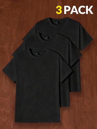 AKNOTIC Business Casual Men's Solid Color Minimalist Casual Crew Neck Short Sleeve T-Shirt Set Black Men T Shirts Pack Plain Tees Mens T-Shirts Black T-Shirts