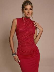 SHEIN BAE Women's Sleeveless Dress, Solid Color Textured - Red - View 5