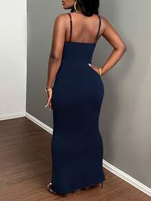 Slaydiva Vestido maxi sexy e elegante com alças finas, babados e decote profundo, vestido magenta com decote profundo, vestido maxi justo ao corpo, vestido maxi azul marinho. - Azul marinho - Ver 3
