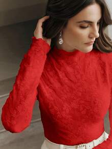 Anewsta Women's Mandarin Collar Fitted Ruched Lace Long Sleeve Blouse, Versatile Layering Top - Red - View 3