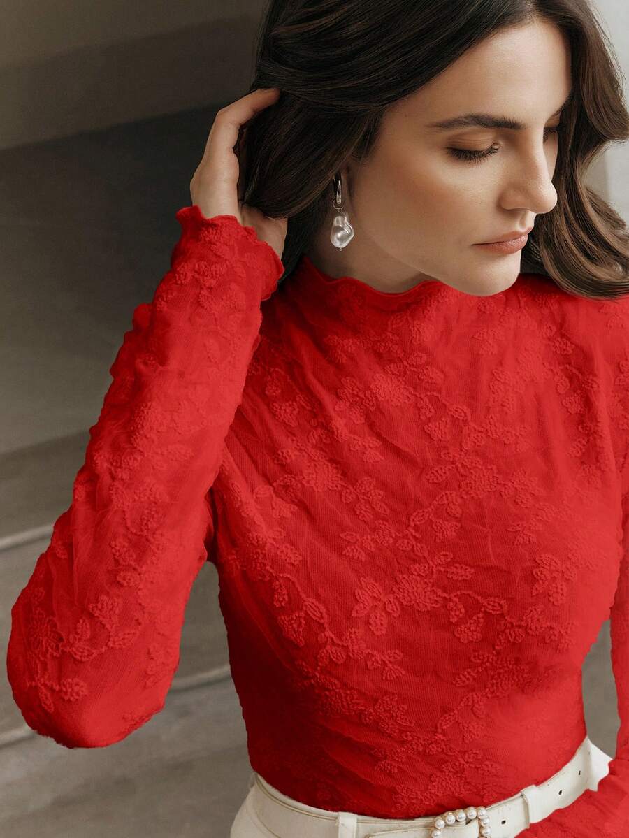 Anewsta Women's Mandarin Collar Fitted Ruched Lace Long Sleeve Blouse, Versatile Layering Top - Red - View 1