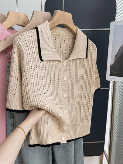 Franclia 女士休闲宽松 Polo 领短袖镂空针织撞色滚边开衫，春夏款