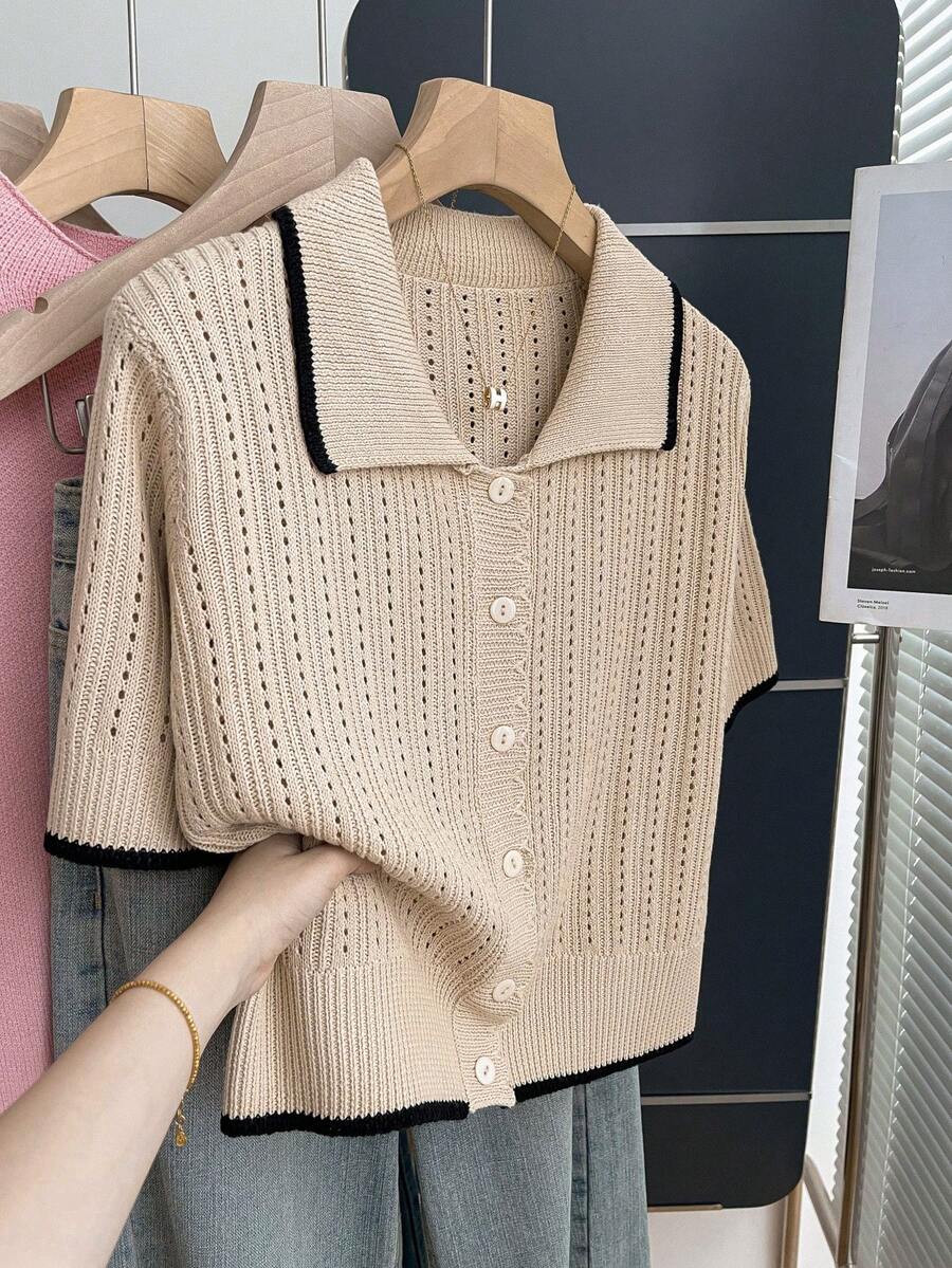 Franclia 休闲宽松Polo领短袖针织镂空衫,撞色滚边杏色女士春夏开衫,夏季上衣,女士夏季服装,度假装,女士休闲上衣,女士针织衫,米色女士上衣,翻领衬衫,复古服装,网眼衬衫,女士上衣和衬衫,工作服,女士办公室工作衬衫,女士衬衫,新款女士Polo衫,针织Polo衫,优雅针织上衣 - 杏色 - 查看 1