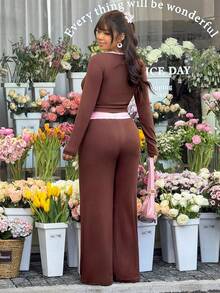 GalTyme 大码撞色性感长袖上衣和裤子两件套 - 咖啡棕 - 查看 2