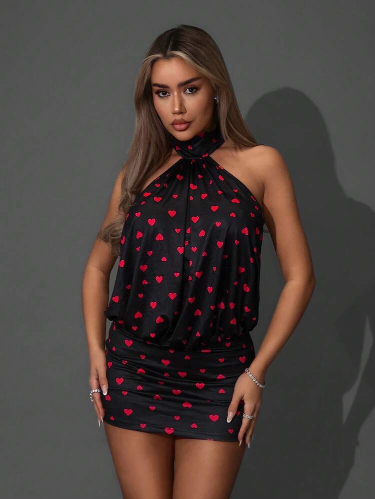 SHEIN ICON Women's Sexy Full Heart Print Backless Red Halter Backless Wedding Birthday Party Vacation Valentines Day Party Mini Dress, Summer - Black - View 2