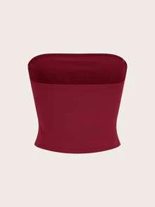 SHEIN EZwear 女士针织酒红色撞色滚边字母印花运动抹胸上衣 - 酒紅色 - 查看 2