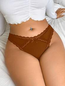 SHEIN 1 件大码女式蕾丝拼布丁字裤 - 咖啡棕 - 查看 3