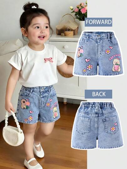 Toddler Girls' Denim Shorts, Cute & Sweet Casual School Style Streetwear Recommendation, Front Covered With Hand-Drawn Cartoon Prints: Adorable Capybara Hugging Pink Daisy, Heart Patterns Dotted In Between, "CAPYBARA" Text And Capybara Hugging Strawberry Print On Right Leg, Pink And Yellow Color Scheme Is Sweet But Not Cloying, Every Detail Touches The Young Girl's Heart Long Summer Shorts For Little Girls Shorts For 4 Year Old Girl Jeans For Girls Short