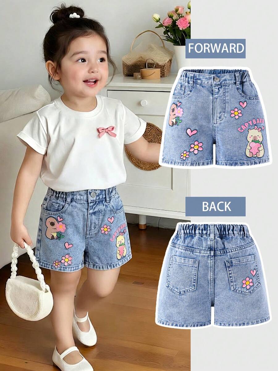 Elladie kids Cute Light Wash Denim Straight Leg Shorts For Young Girls With Cartoon Bear And Flower Patterns Pockets - Light Wash - View 1